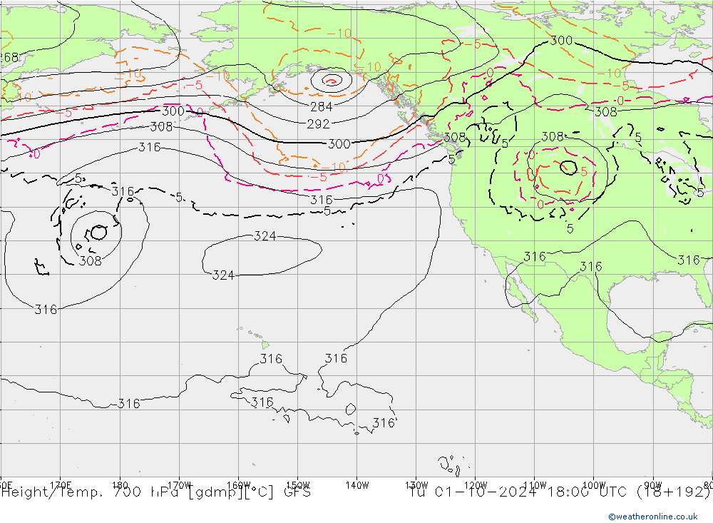 Height/Temp. 700 hPa GFS  01.10.2024 18 UTC