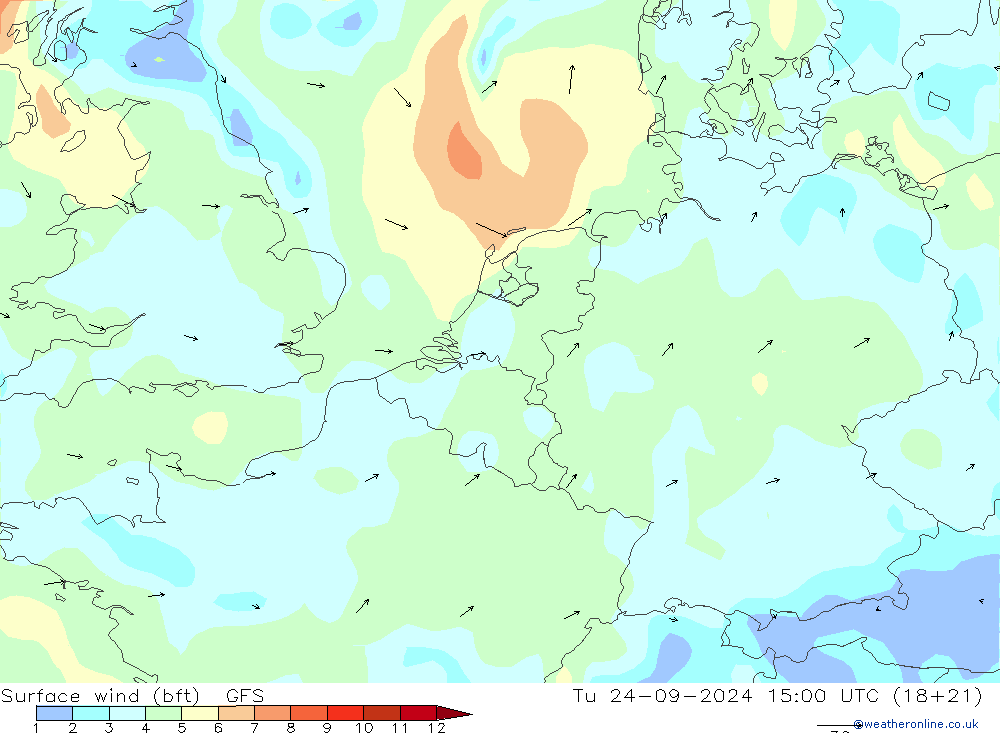 Surface wind (bft) GFS Tu 24.09.2024 15 UTC