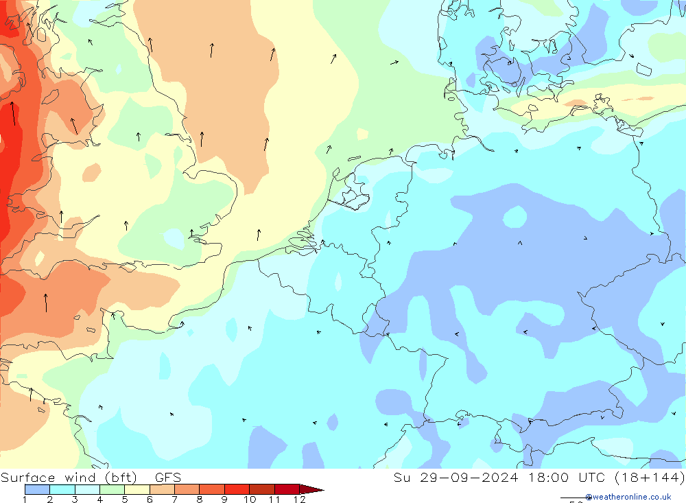 Vento 10 m (bft) GFS Dom 29.09.2024 18 UTC