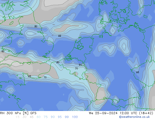 RH 300 hPa GFS We 25.09.2024 12 UTC