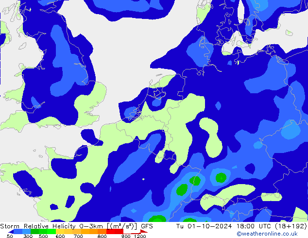 Storm Relative Helicity GFS Tu 01.10.2024 18 UTC