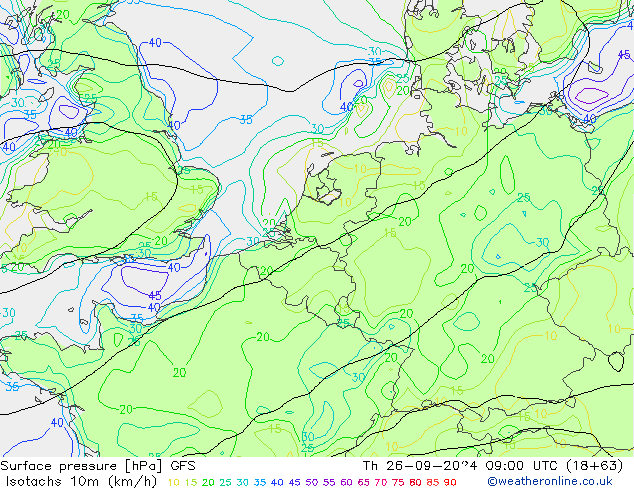 Isotaca (kph) GFS jue 26.09.2024 09 UTC