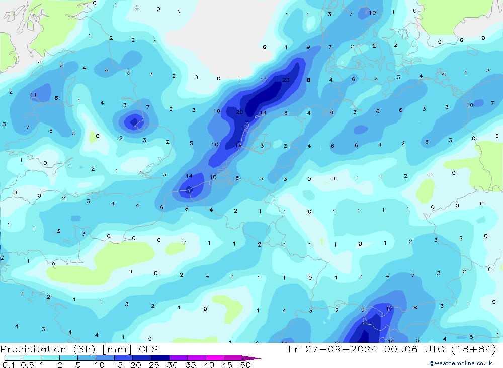 Totale neerslag (6h) GFS vr 27.09.2024 06 UTC