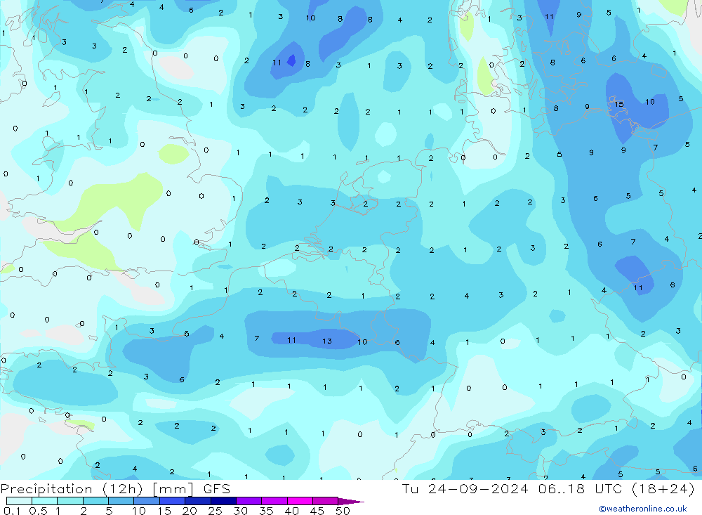 Precipitation (12h) GFS Tu 24.09.2024 18 UTC