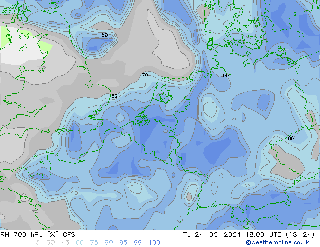 RH 700 гПа GFS вт 24.09.2024 18 UTC