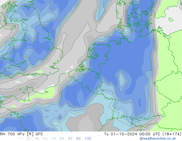 RH 700 hPa GFS Ter 01.10.2024 00 UTC