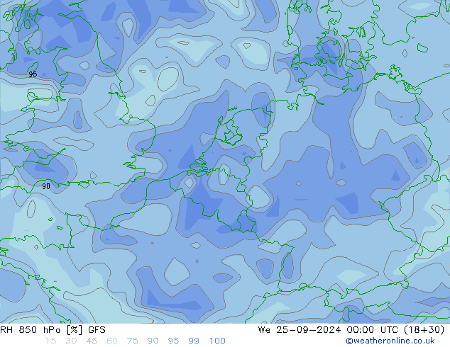 RH 850 hPa GFS We 25.09.2024 00 UTC