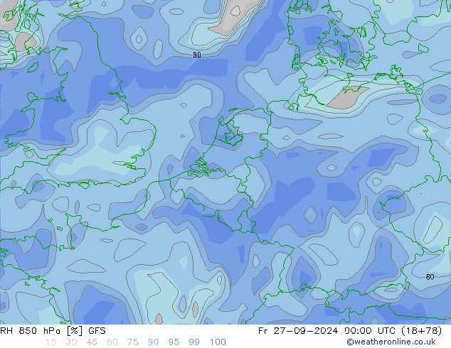 850 hPa Nispi Nem GFS Cu 27.09.2024 00 UTC