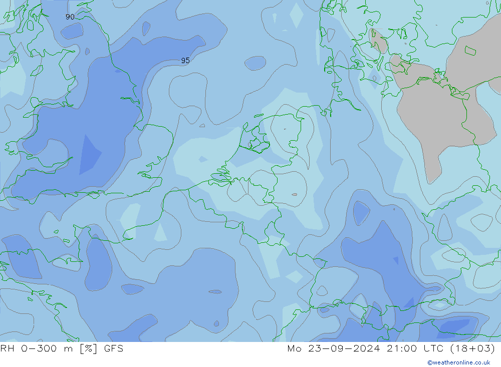 RH 0-300 m GFS Mo 23.09.2024 21 UTC