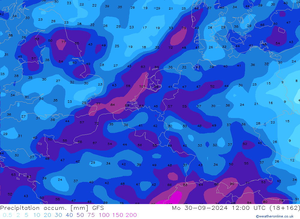 Precipitation accum. GFS lun 30.09.2024 12 UTC