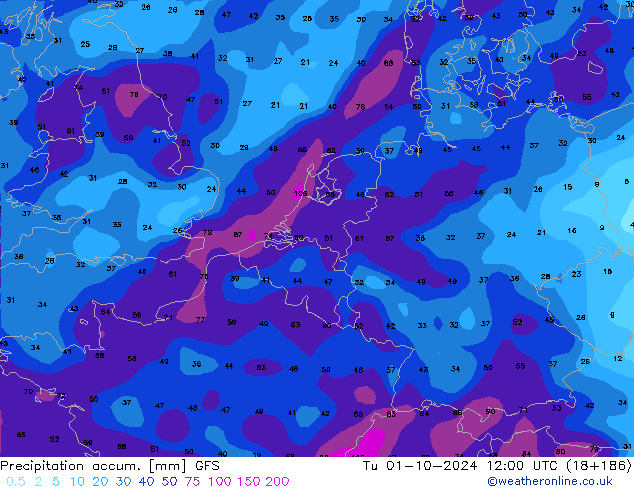 Precipitation accum. GFS Tu 01.10.2024 12 UTC