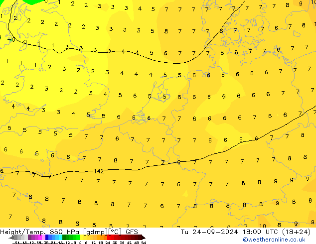 Yükseklik/Sıc. 850 hPa GFS Sa 24.09.2024 18 UTC