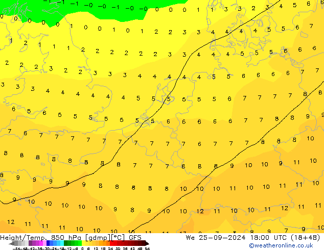 Height/Temp. 850 hPa GFS We 25.09.2024 18 UTC