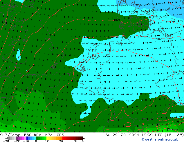 SLP/Temp. 850 hPa GFS Su 29.09.2024 12 UTC