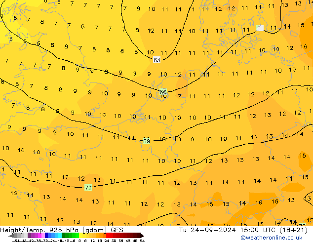Height/Temp. 925 hPa GFS Tu 24.09.2024 15 UTC