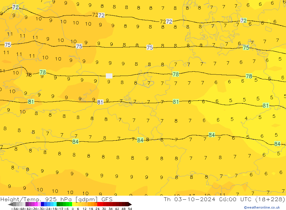 Geop./Temp. 925 hPa GFS jue 03.10.2024 06 UTC