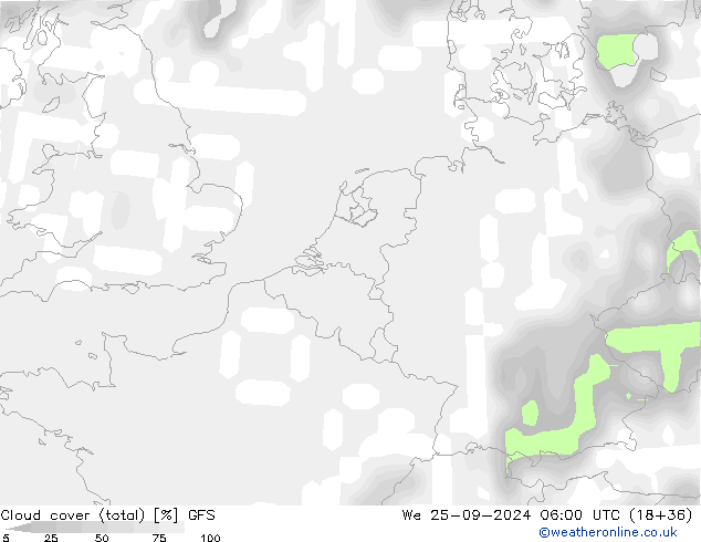 Nubes (total) GFS mié 25.09.2024 06 UTC