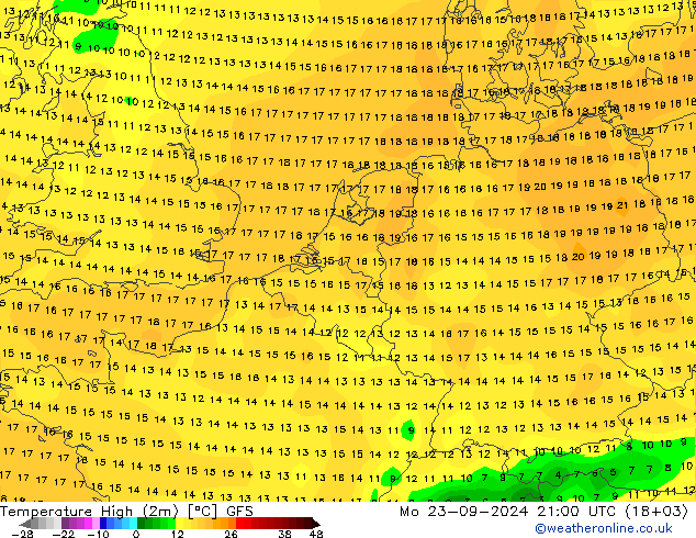 temperatura máx. (2m) GFS Seg 23.09.2024 21 UTC