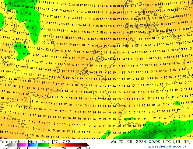 Max.temperatuur (2m) GFS wo 25.09.2024 00 UTC