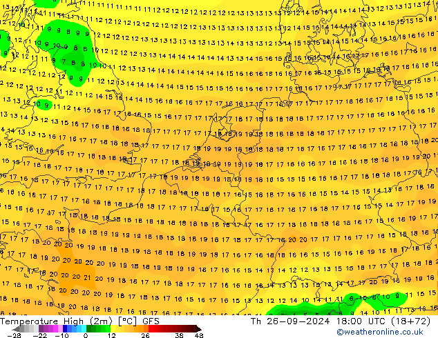 Temperature High (2m) GFS Th 26.09.2024 18 UTC