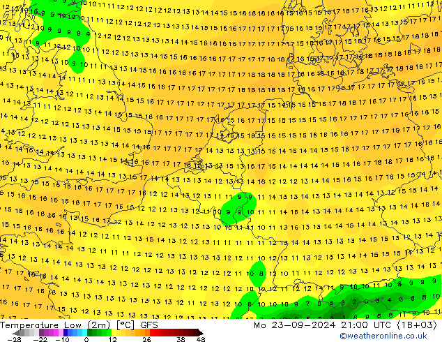 Min.temperatuur (2m) GFS ma 23.09.2024 21 UTC