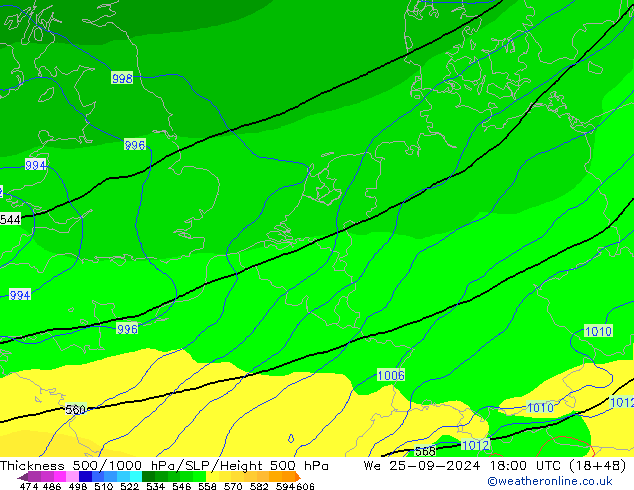 Thck 500-1000hPa GFS Qua 25.09.2024 18 UTC