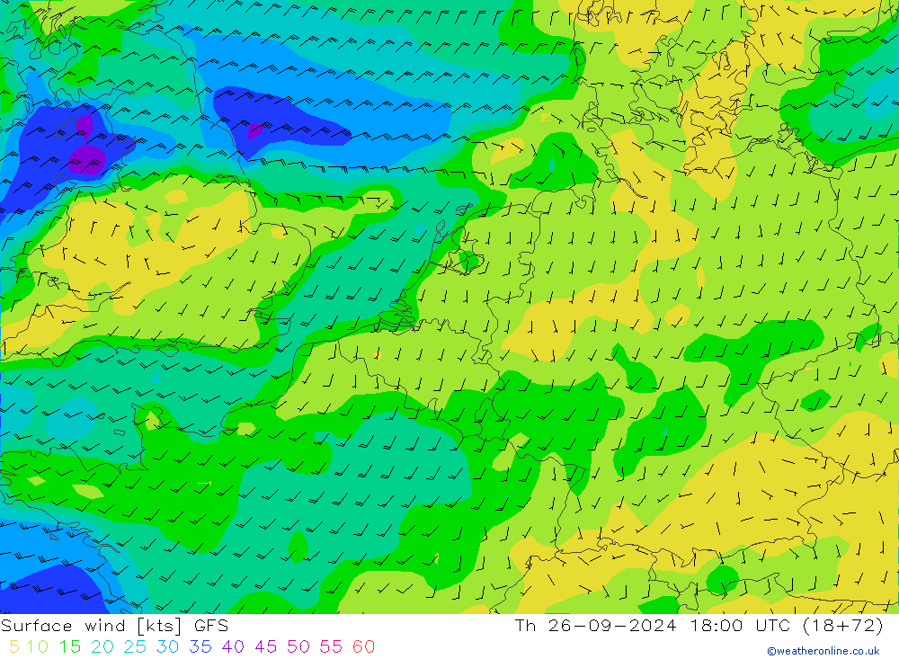 Vento 10 m GFS Qui 26.09.2024 18 UTC