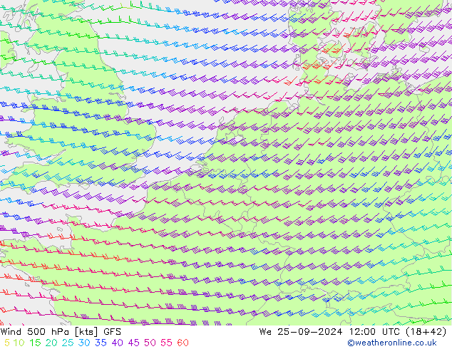 wiatr 500 hPa GFS śro. 25.09.2024 12 UTC