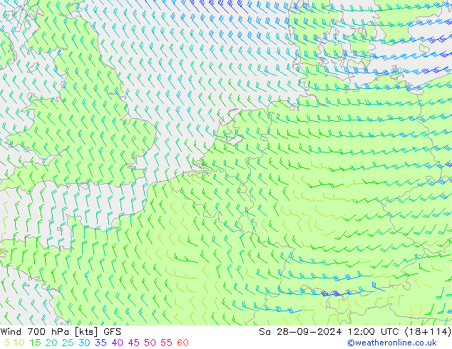 Viento 700 hPa GFS sáb 28.09.2024 12 UTC