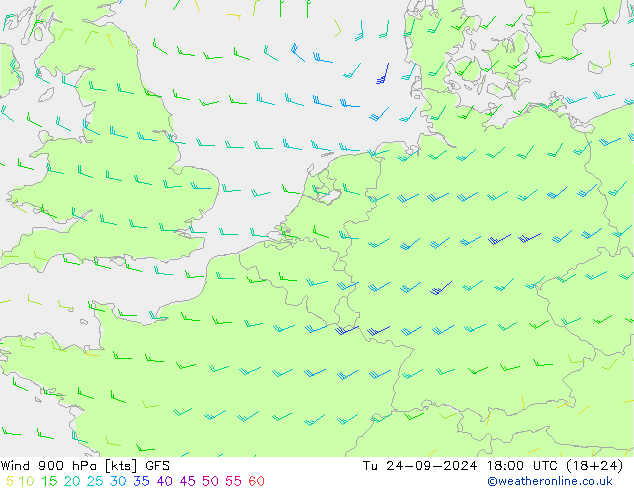 Wind 900 hPa GFS Út 24.09.2024 18 UTC