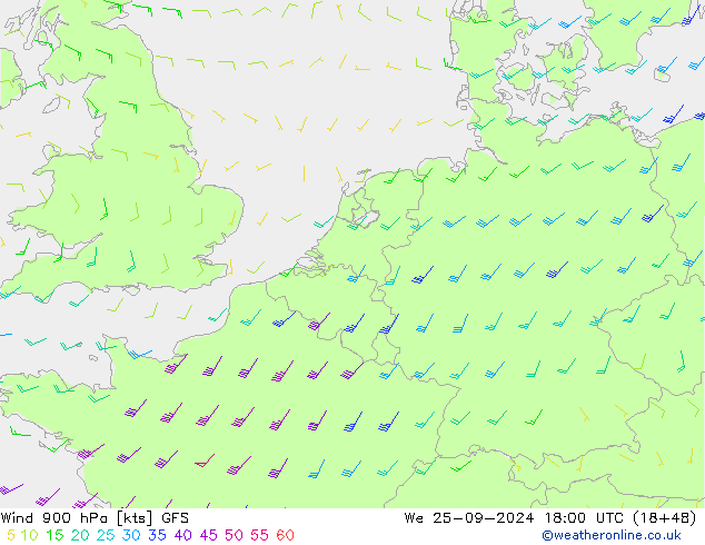 Wind 900 hPa GFS We 25.09.2024 18 UTC