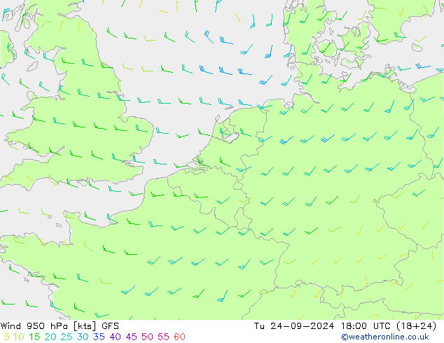 Wind 950 hPa GFS Tu 24.09.2024 18 UTC