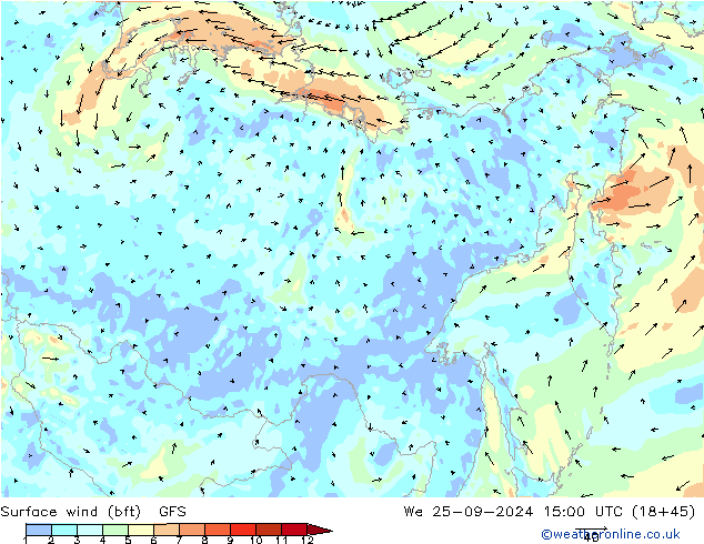 Surface wind (bft) GFS St 25.09.2024 15 UTC