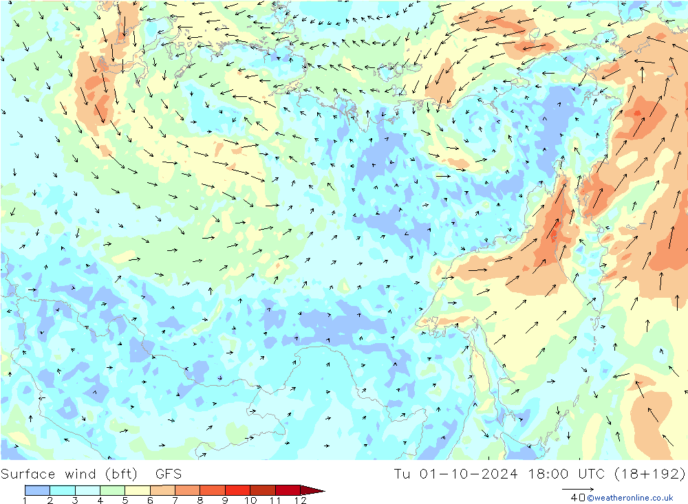 Rüzgar 10 m (bft) GFS Sa 01.10.2024 18 UTC