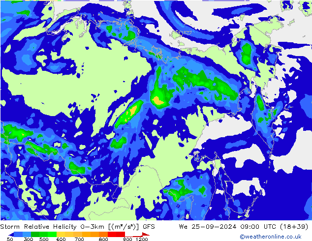 Storm Relative Helicity GFS Çar 25.09.2024 09 UTC