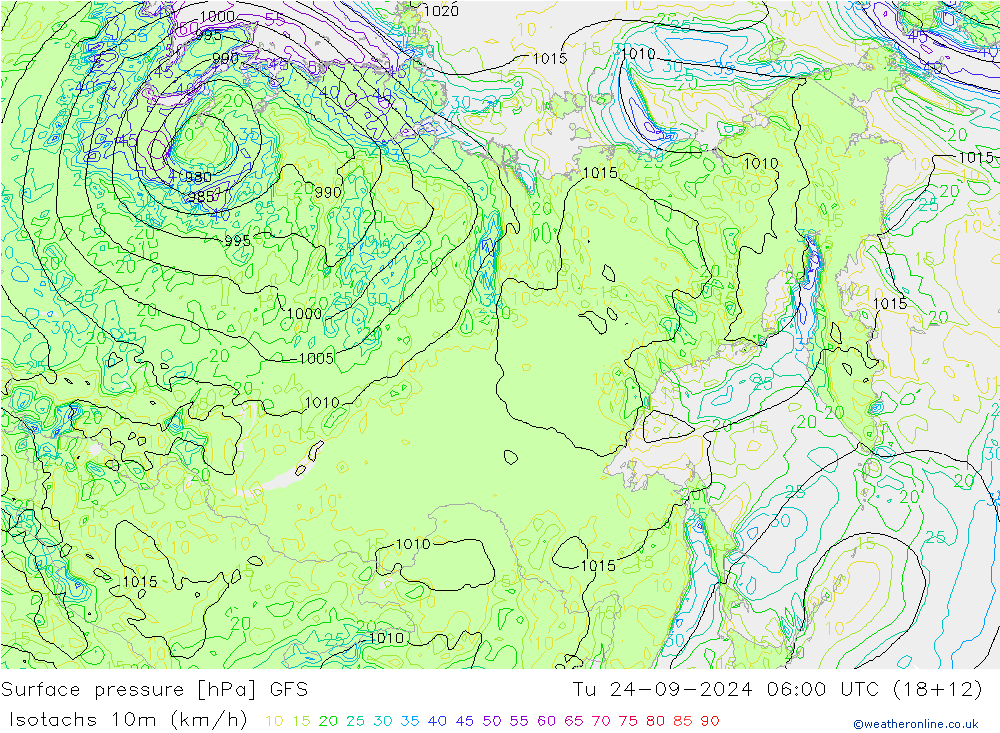 Isotachs (kph) GFS Tu 24.09.2024 06 UTC