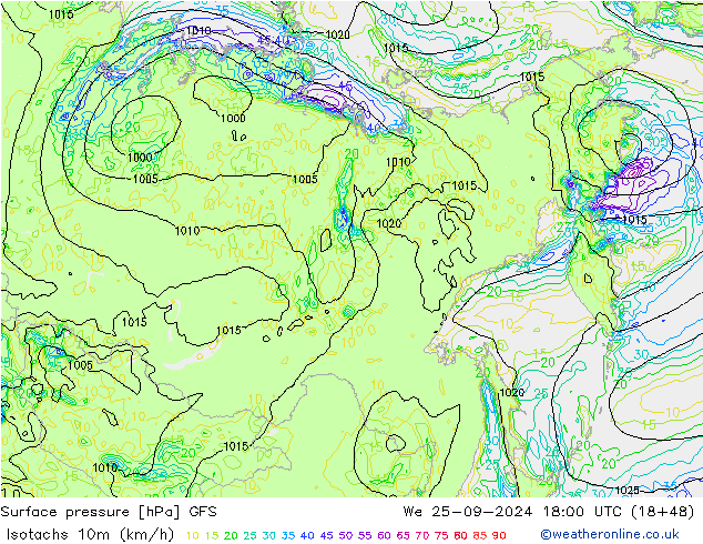 Isotachs (kph) GFS We 25.09.2024 18 UTC