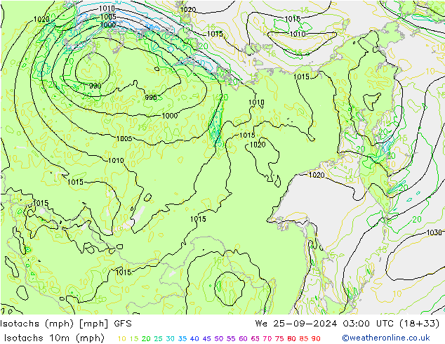 Isotachs (mph) GFS Qua 25.09.2024 03 UTC