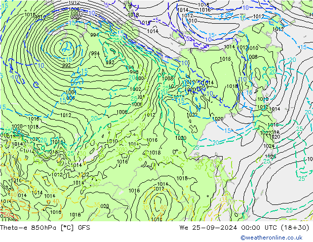 Theta-e 850hPa GFS We 25.09.2024 00 UTC