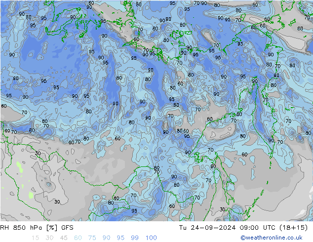 RH 850 hPa GFS Tu 24.09.2024 09 UTC