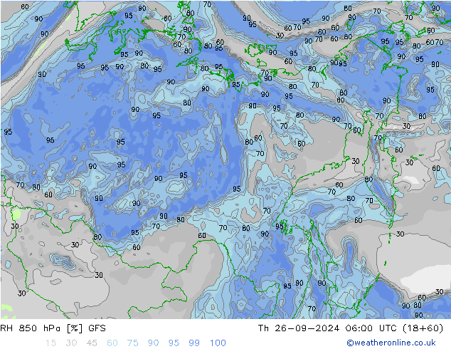 RH 850 hPa GFS czw. 26.09.2024 06 UTC