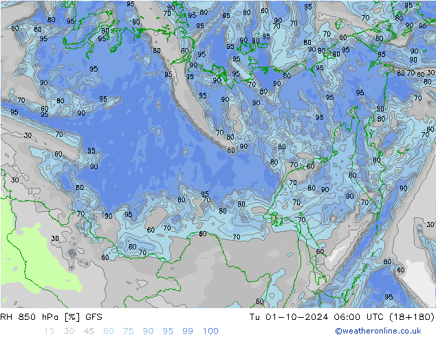 RH 850 hPa GFS Tu 01.10.2024 06 UTC