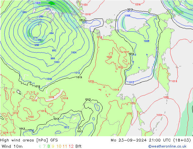 High wind areas GFS lun 23.09.2024 21 UTC