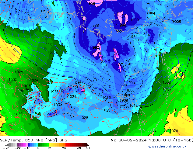 SLP/Temp. 850 hPa GFS Mo 30.09.2024 18 UTC