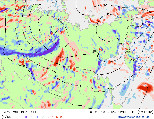 T-Adv. 850 hPa GFS wto. 01.10.2024 18 UTC