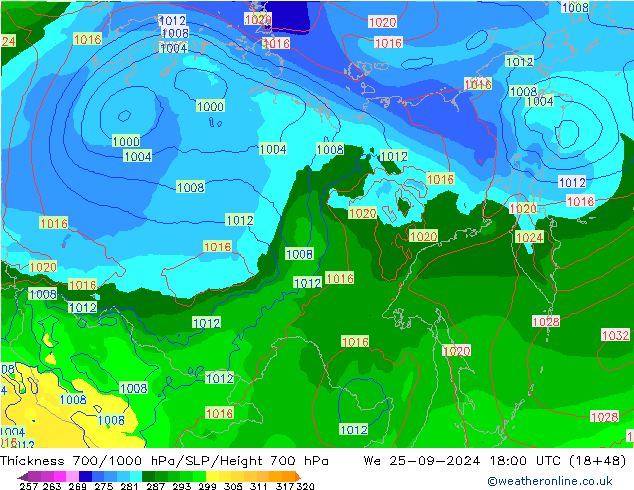 Thck 700-1000 hPa GFS Qua 25.09.2024 18 UTC