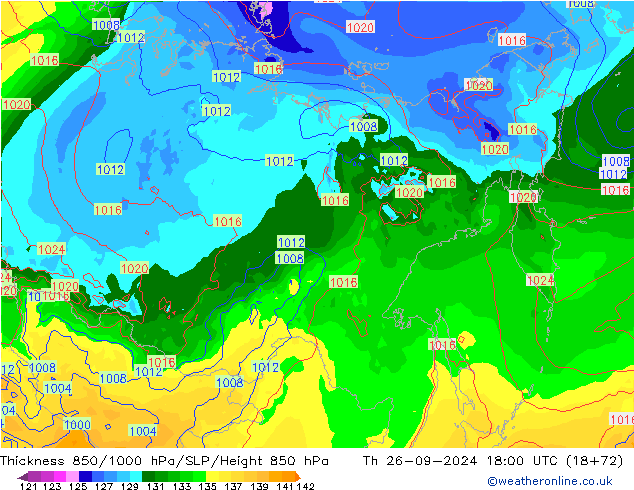 Espesor 850-1000 hPa GFS jue 26.09.2024 18 UTC