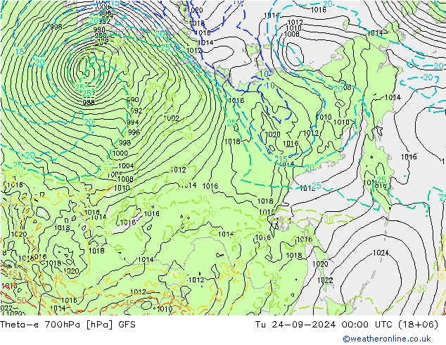 Theta-e 700hPa GFS Tu 24.09.2024 00 UTC