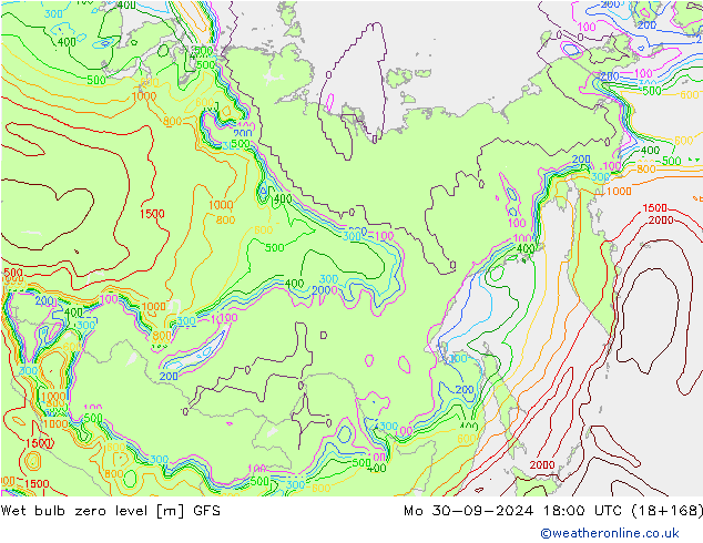 Wet bulb zero level GFS pon. 30.09.2024 18 UTC