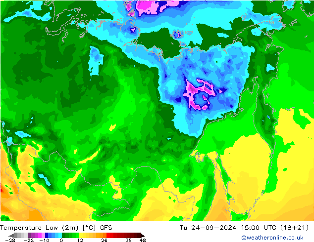 Temperature Low (2m) GFS Tu 24.09.2024 15 UTC